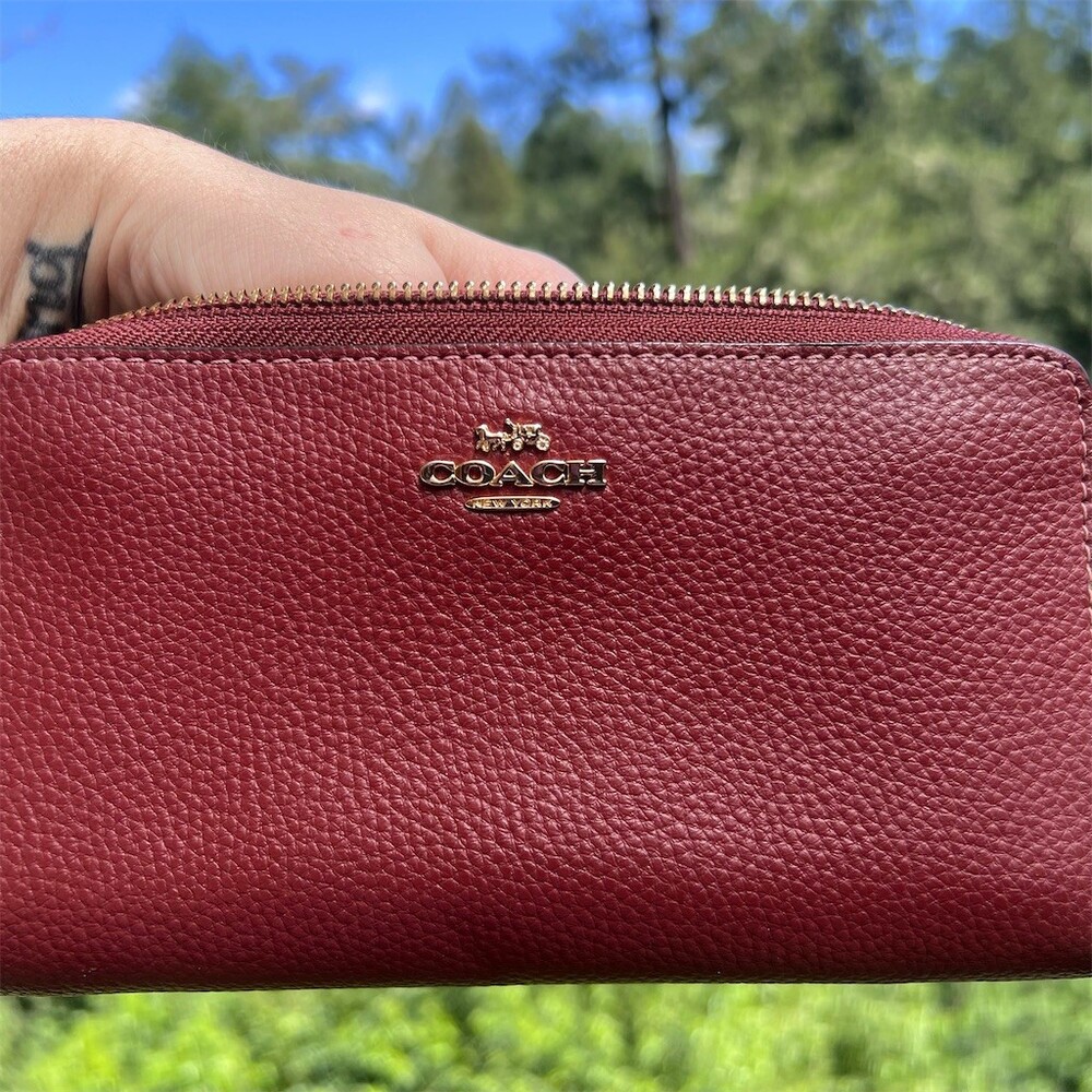 COACH Long Zip-Around Burgundy Pebble Leather Wallet w Gold Hardware AUTHENTIC - Picture 11 of 12
